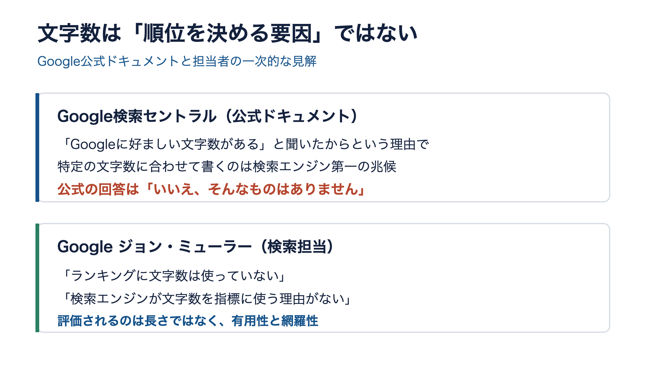Google公式ドキュメントとJohn Muellerの発言。文字数は順位を決める要因ではないと明示